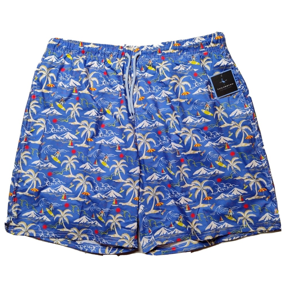 TAILORBYRD Men Large Blue Hawaiian Surfer Print Brief Lined 7"‎ Swim Shorts NEW